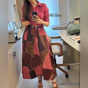 Zara Pink and Brown Patterned Maxi Skirt NWT